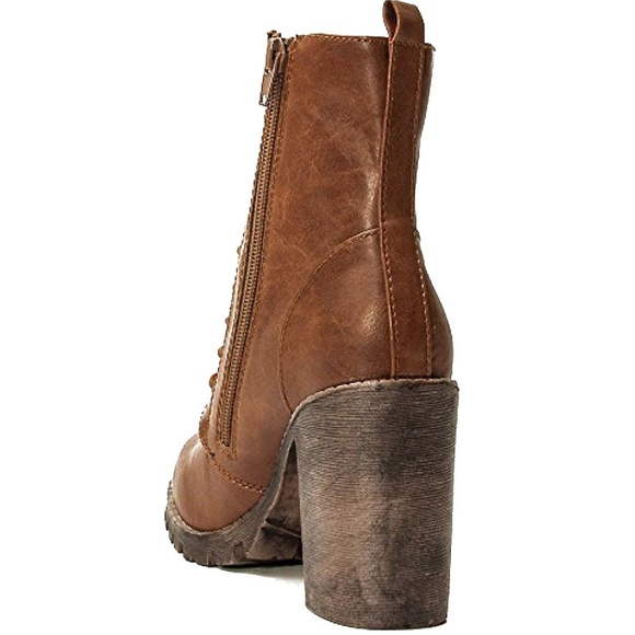 Tan Combat Lace Up Platform Lug Sole Booties Boots - Picture 3 of 3